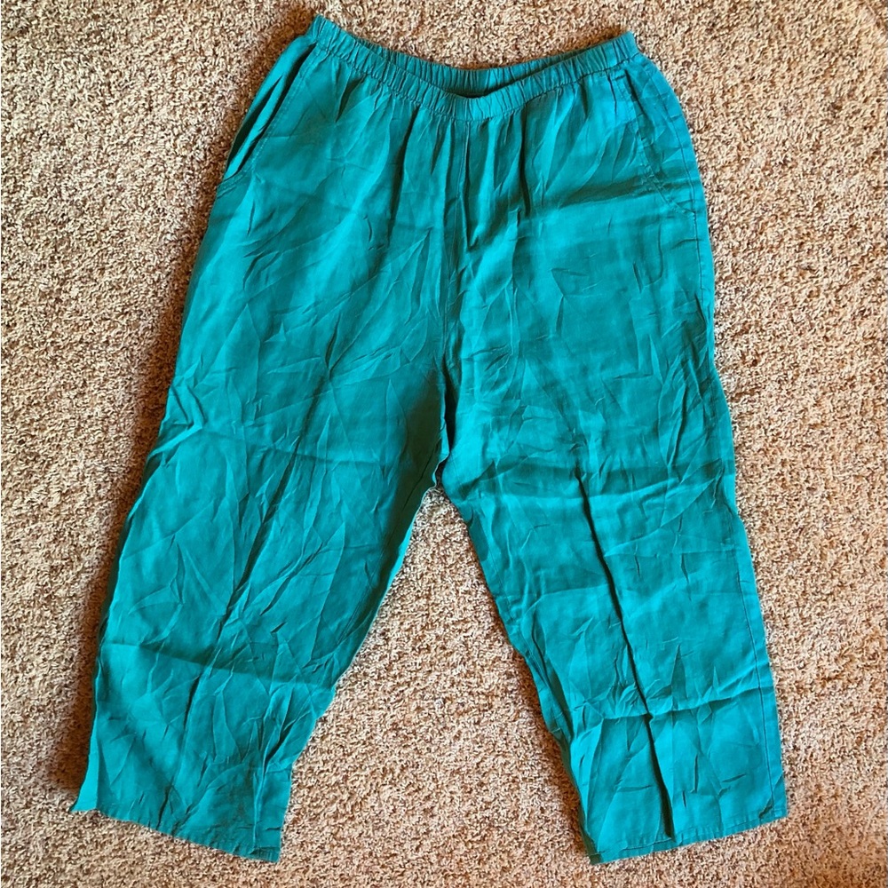FLAX 100% Linen Pants Rainforest Green Cropped Capri Elastic Waist Size SMALL